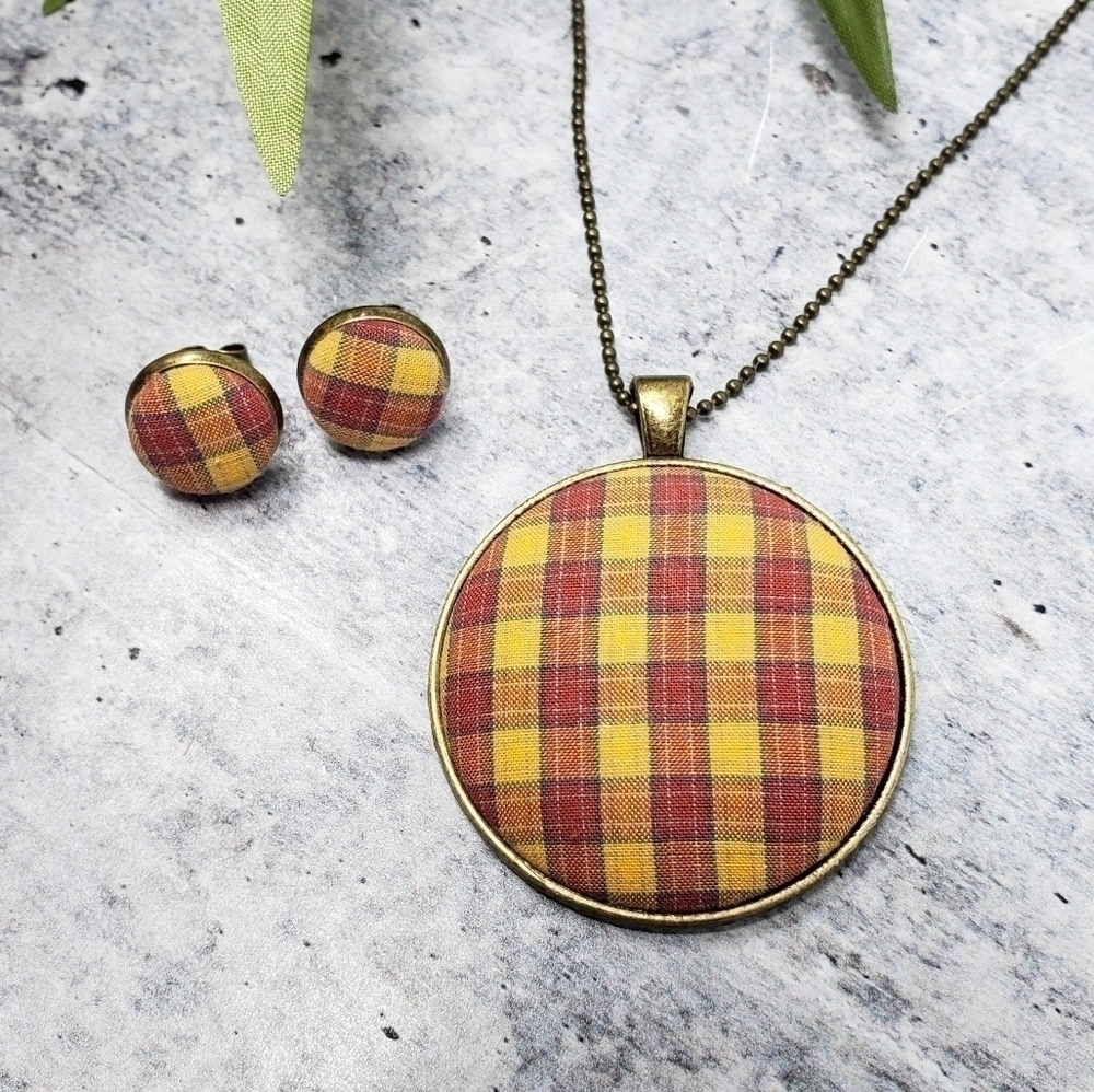 New Handmade | Plaid Fabric Necklace & Earrings